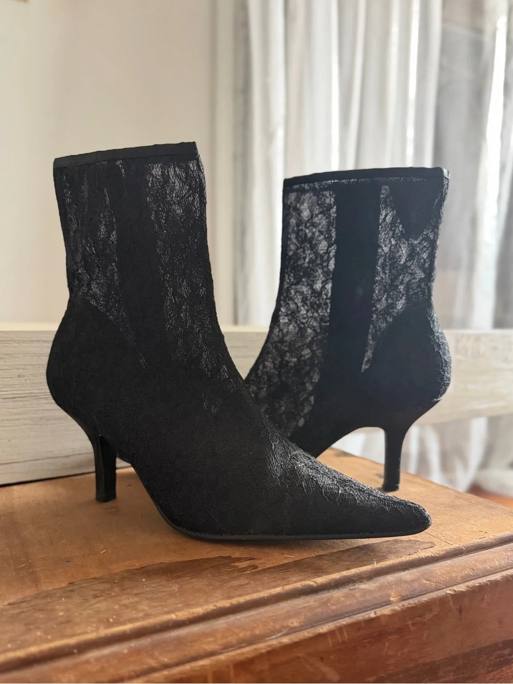 Vintage 90s Newport News sheer black lace stilleto booties 3” heel